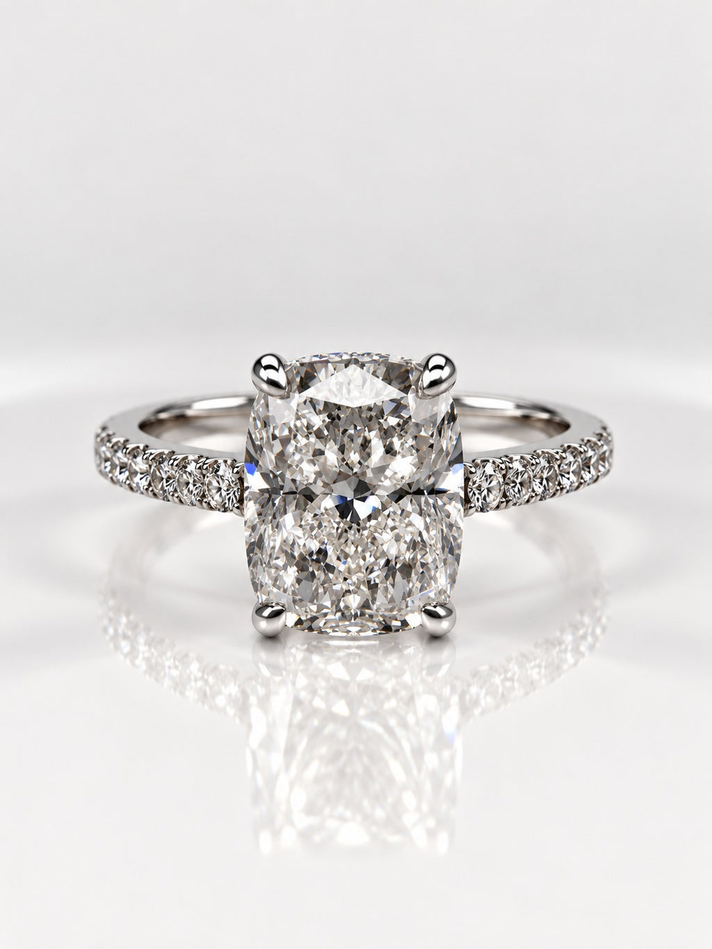 Elongated Cushion Diamond Pavé Engagement Ring – front view, 14ct white gold