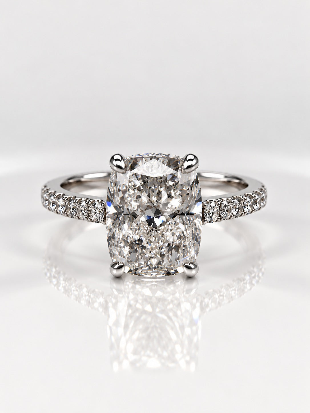 Elongated Cushion Diamond Pavé Engagement Ring – front view, 14ct white gold