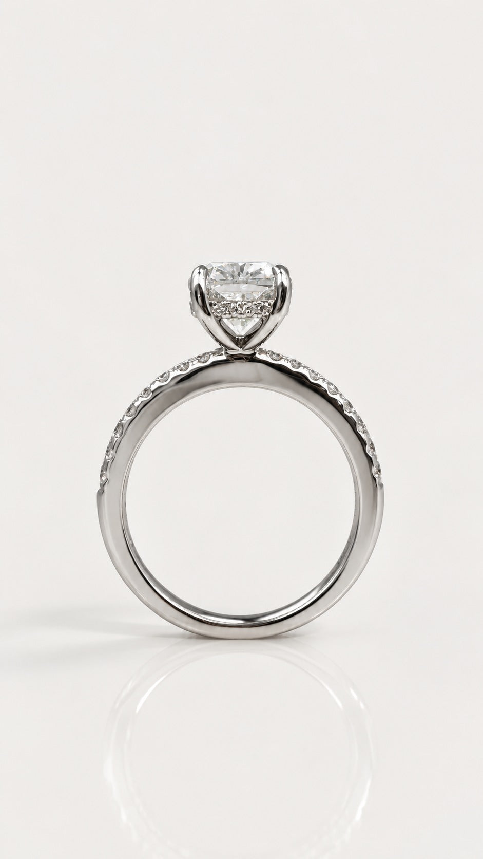 Elongated Cushion Diamond Pavé Engagement Ring – side view, 14ct white gold