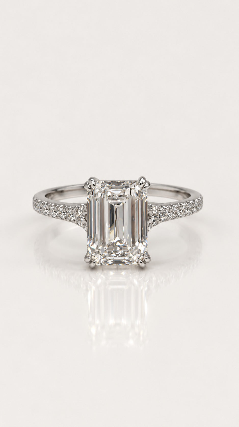 Emerald Cut Diamond Pavé Engagement Ring – front view, 18ct white gold