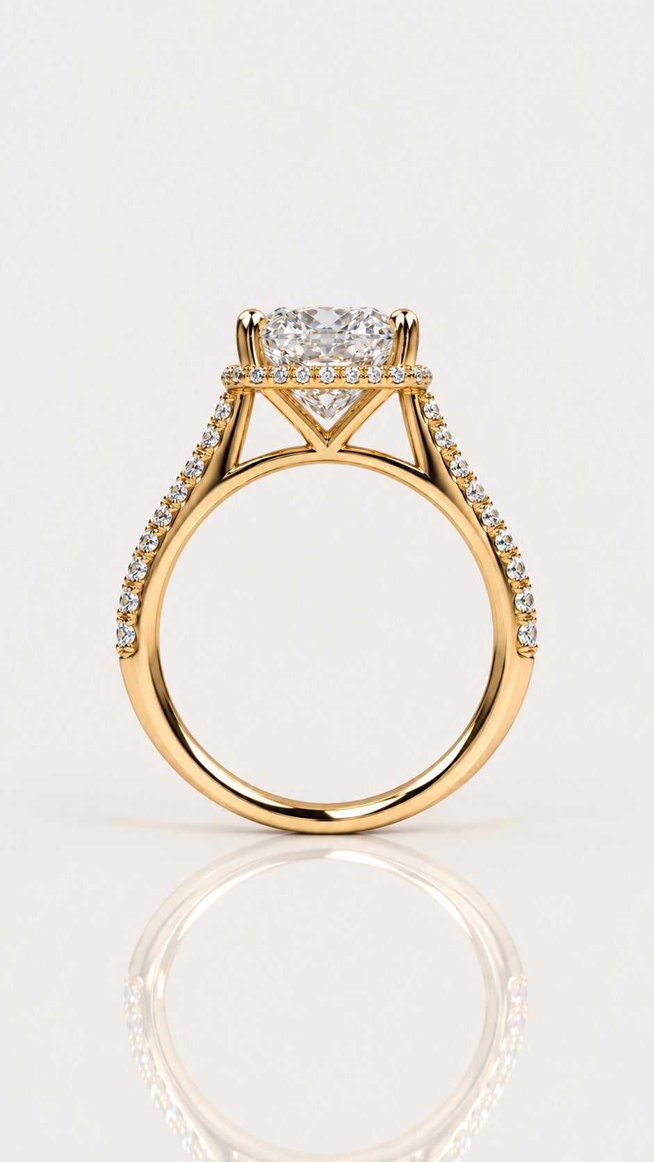 Elongated Cushion Diamond Halo Engagement Ring in Yellow Gold – side view, yellow gold