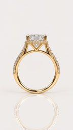 Elongated Cushion Diamond Halo Engagement Ring in Yellow Gold – side view, yellow gold