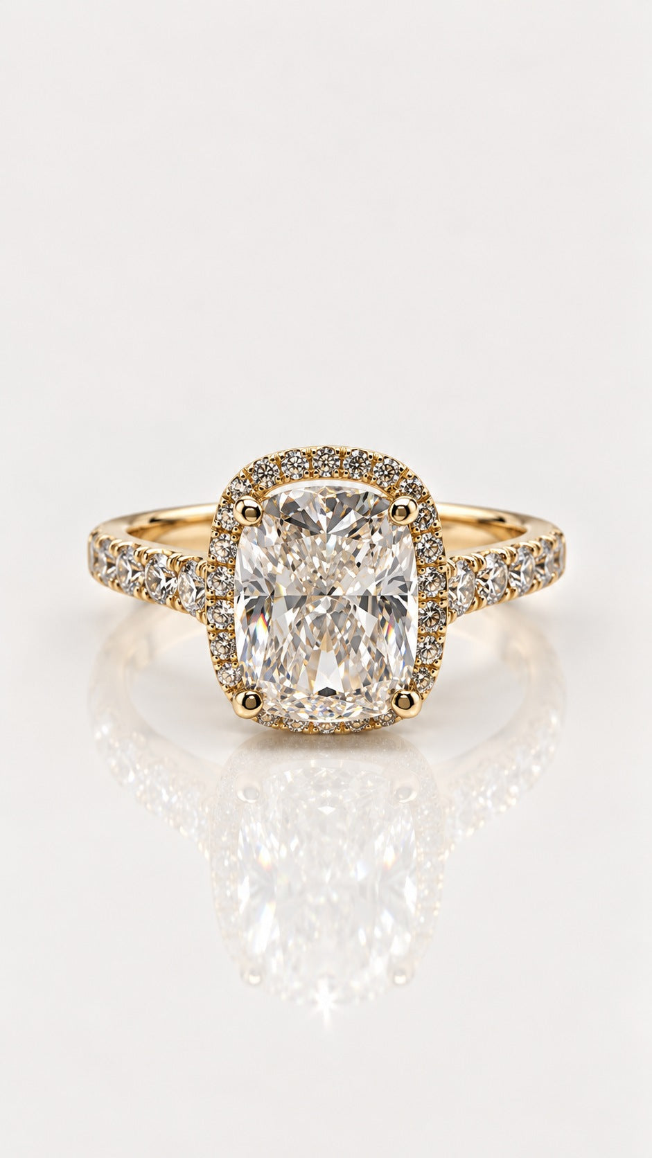 Elongated Cushion Diamond Halo Engagement Ring in Yellow Gold – front view, yellow gold
