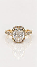 Elongated Cushion Diamond Halo Engagement Ring in Yellow Gold – front view, yellow gold