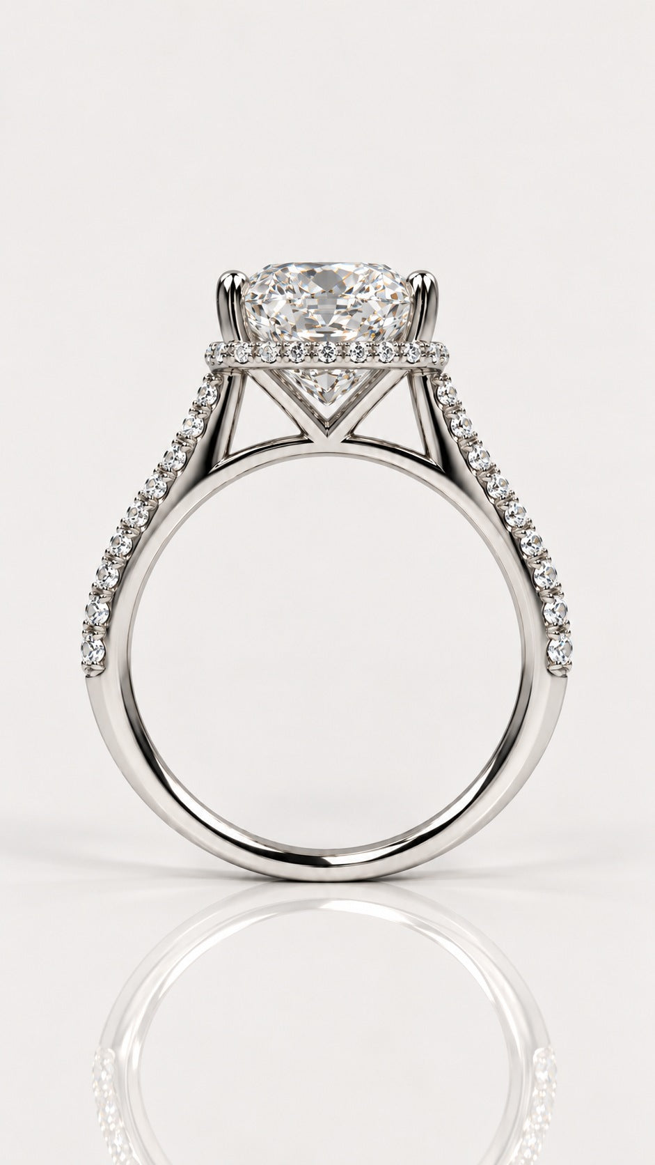 Elongated Cushion Diamond Halo Engagement Ring in White Gold – side view, white gold