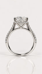 Elongated Cushion Diamond Halo Engagement Ring in White Gold – side view, white gold