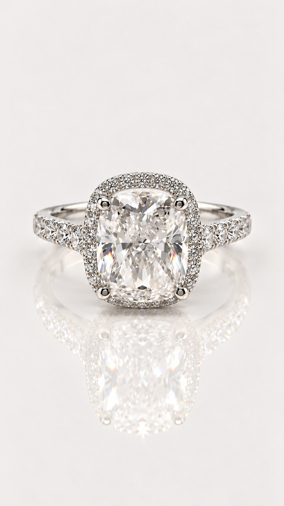 Elongated Cushion Diamond Halo Engagement Ring in White Gold – front view, white gold