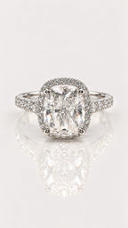 Elongated Cushion Diamond Halo Engagement Ring in White Gold – front view, white gold