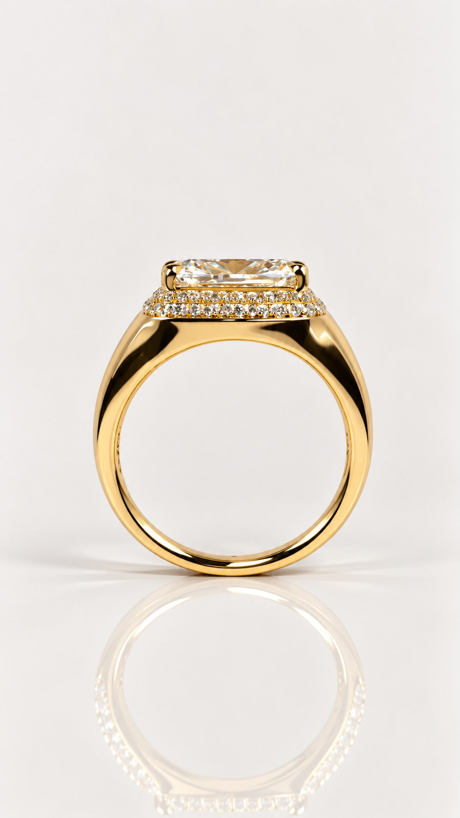 East West Elongated Cushion Diamond Halo Engagement Ring – side view, yellow gold