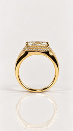 East West Elongated Cushion Diamond Halo Engagement Ring – side view, yellow gold