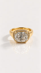 East West Elongated Cushion Diamond Halo Engagement Ring – front view, yellow gold