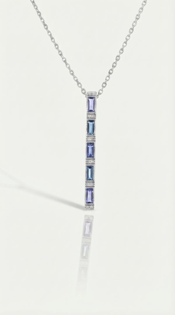Rainbow - Sapphire, Iolite & London Blue Topaz Baguette Long Necklace — Levendi Jewellers