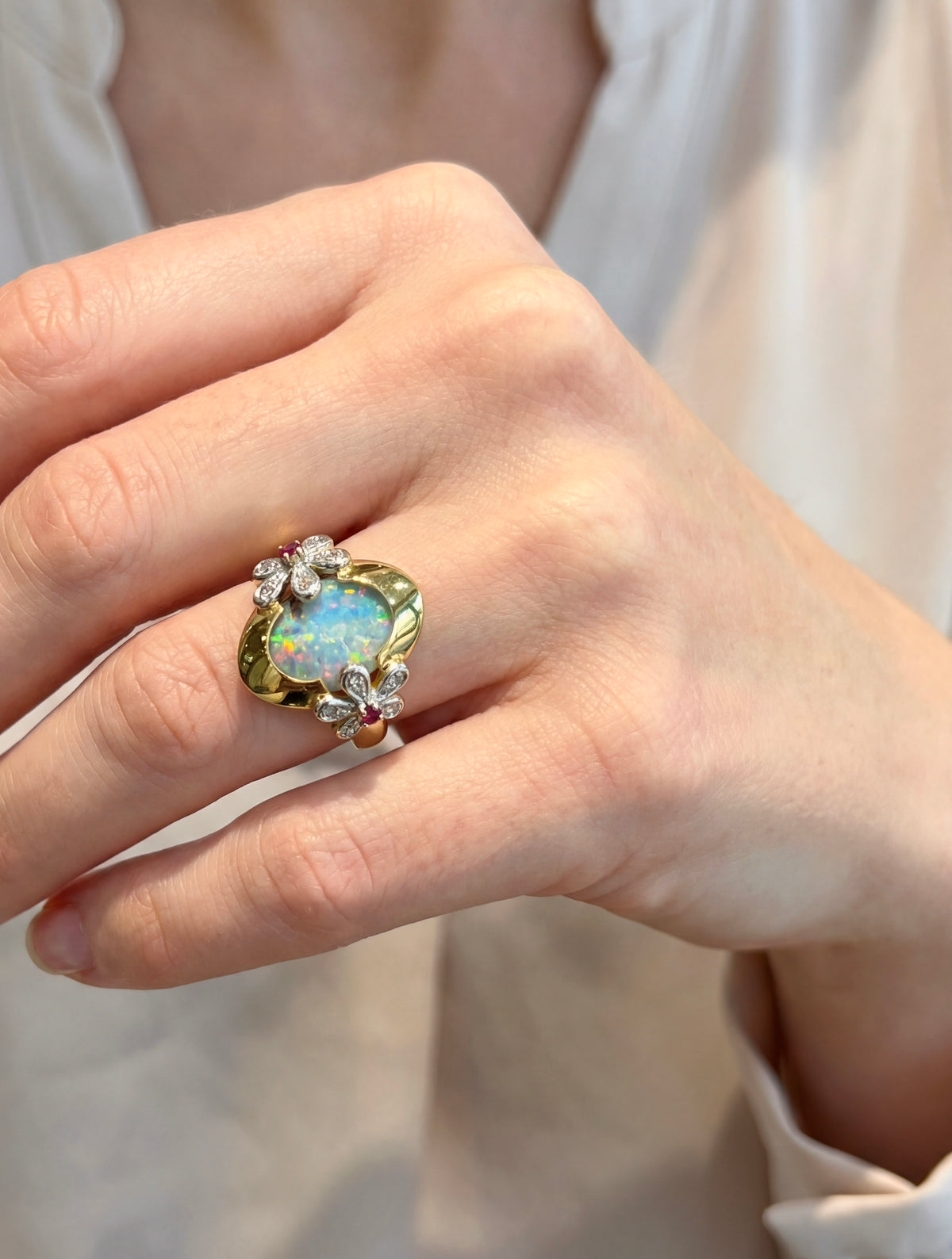 Australian Boulder Opal, Diamonds & Rubies Ring, view 2 — Levendi Jewellers