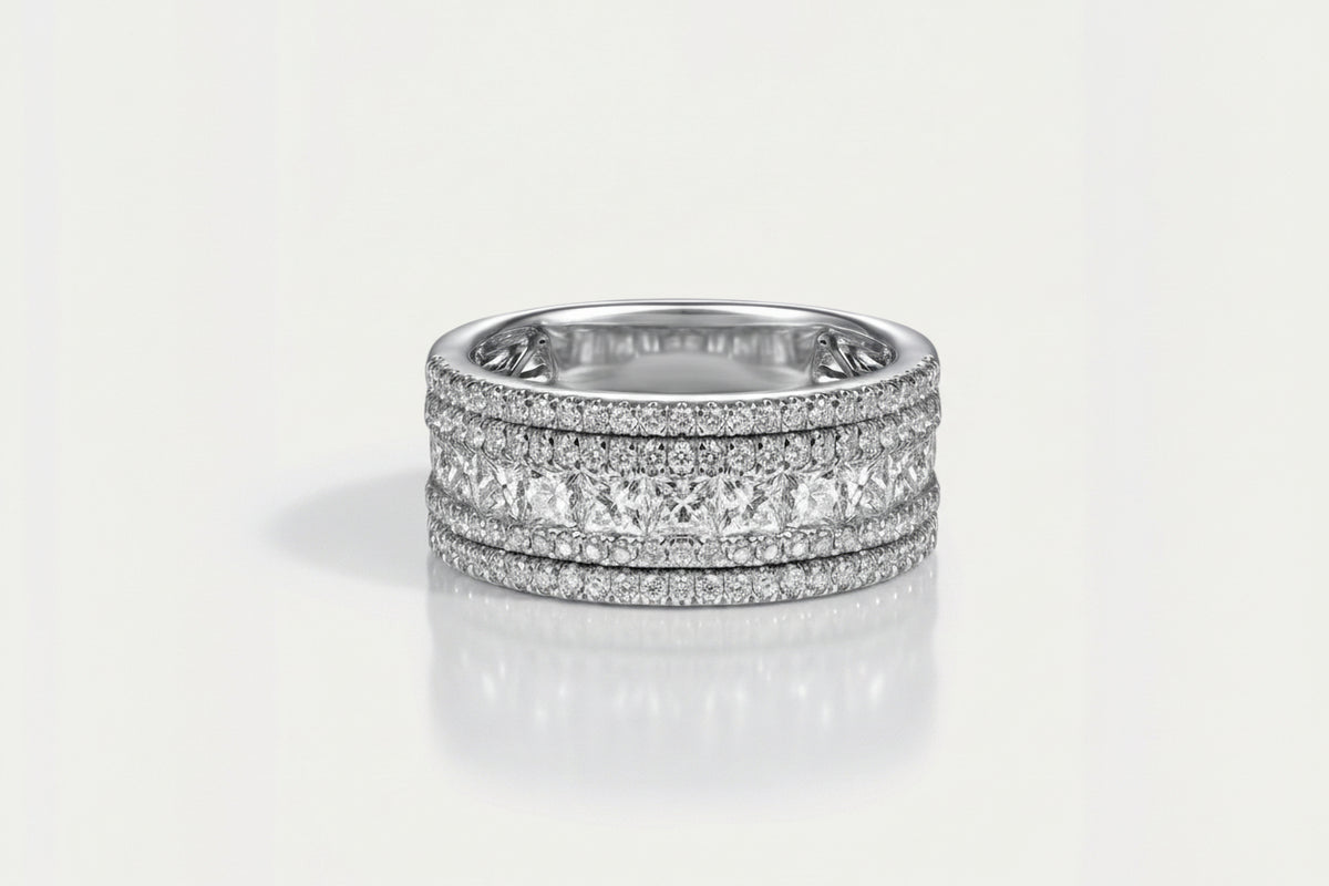 White Gold Channel Set Diamond Band with Round and Princess Cut Diamonds. — Levendi Jewellers