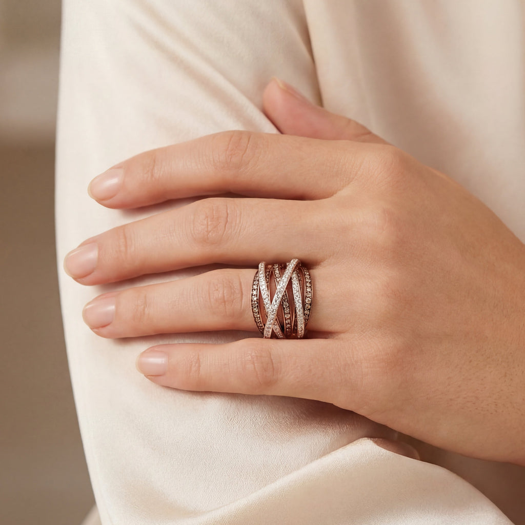 Champagne & White Diamond Crossover Dress Ring, view 3 — Levendi Jewellers