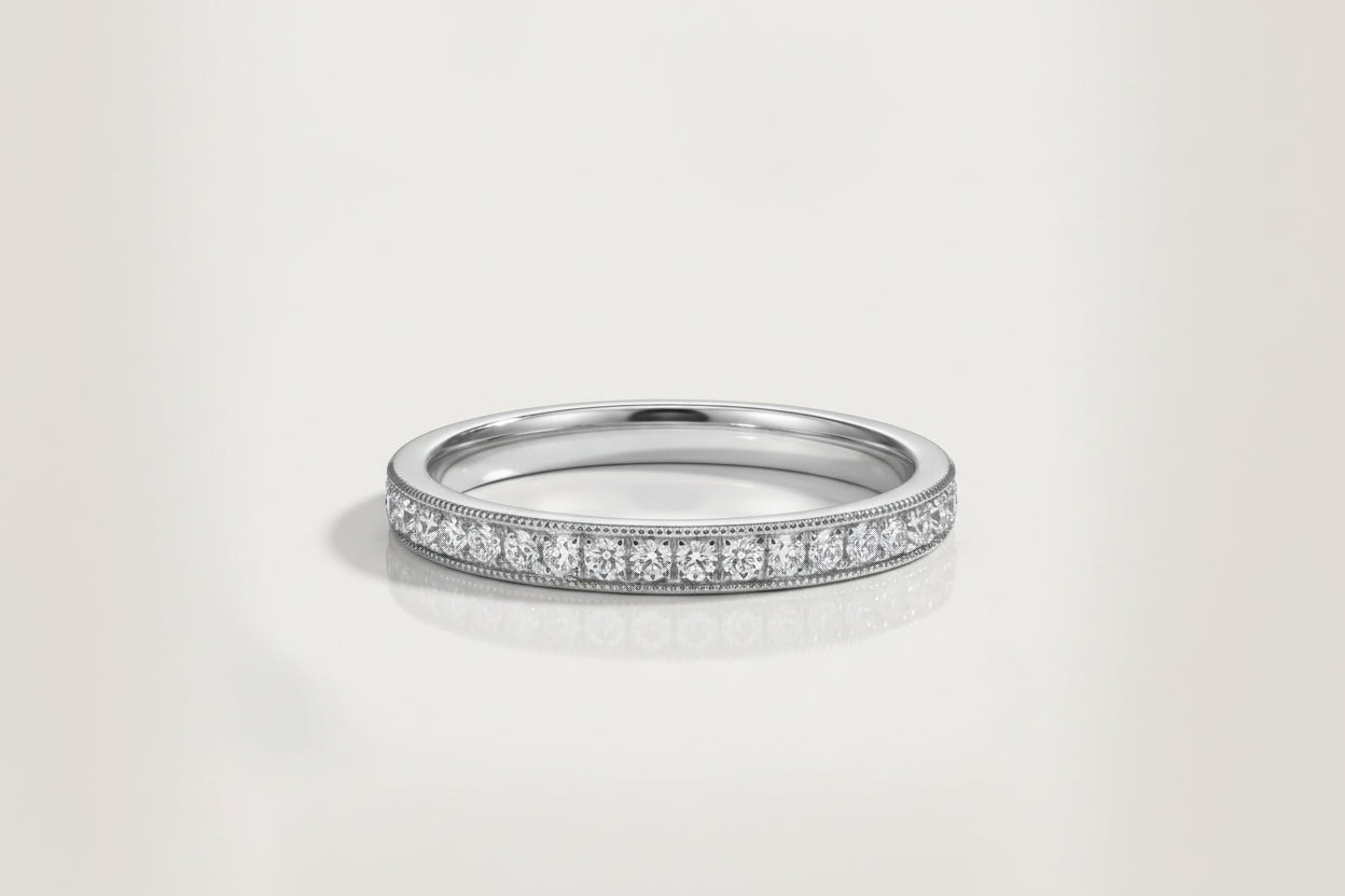 Wedding Band - Milgrain White Gold Micro Pave Channel Diamond