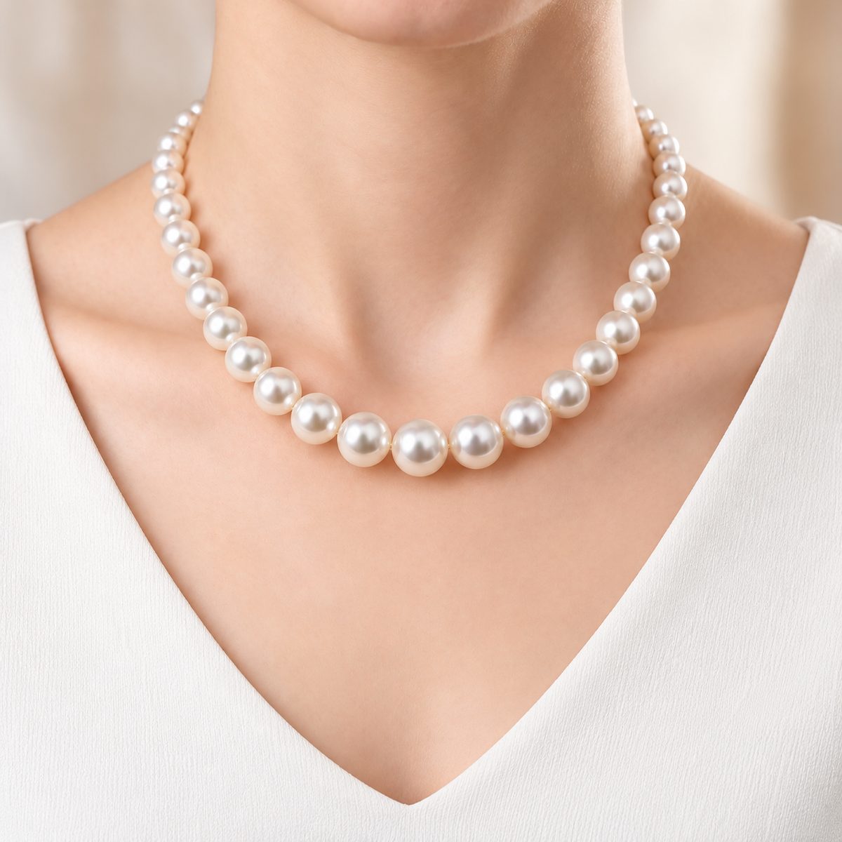South Sea Pearl Strand Necklace, Graduated 9–12 mm – worn