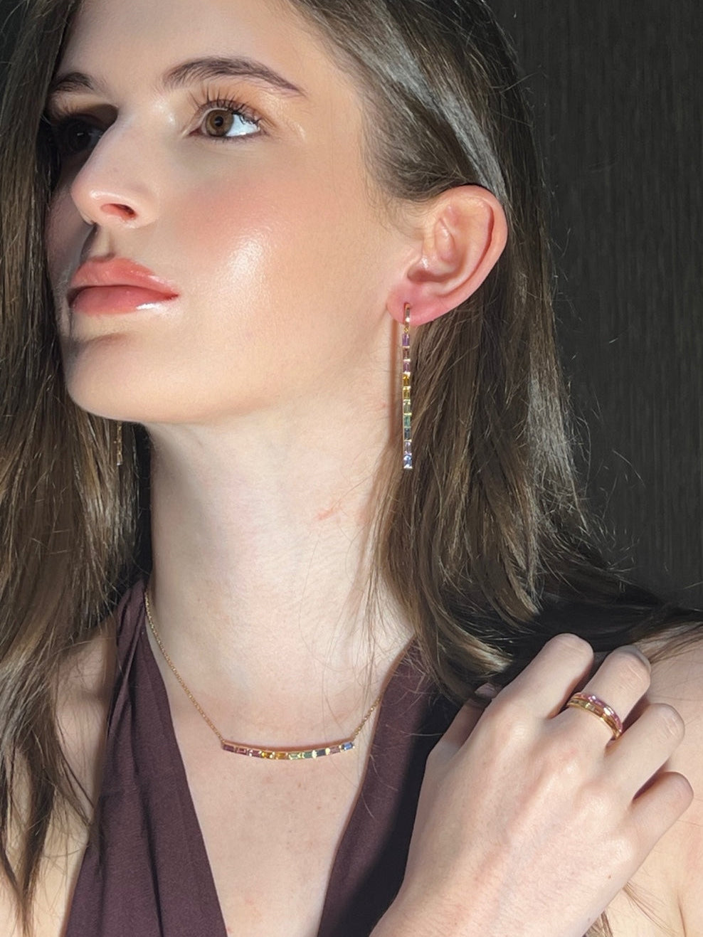 Rainbow Gemstones Baguette Long Earrings
