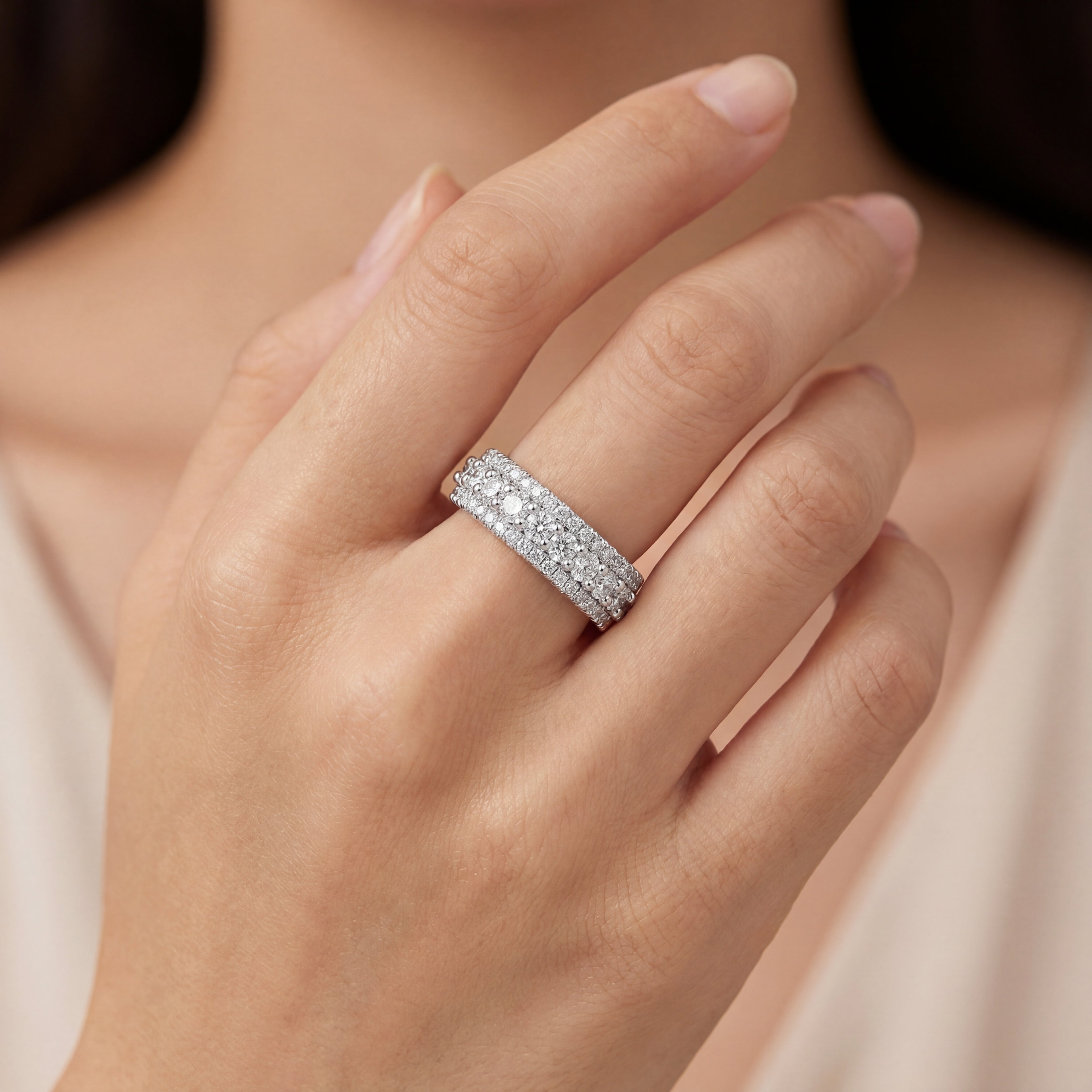 Wedding Band - Wide White Gold Claw Set Diamond Band with Round