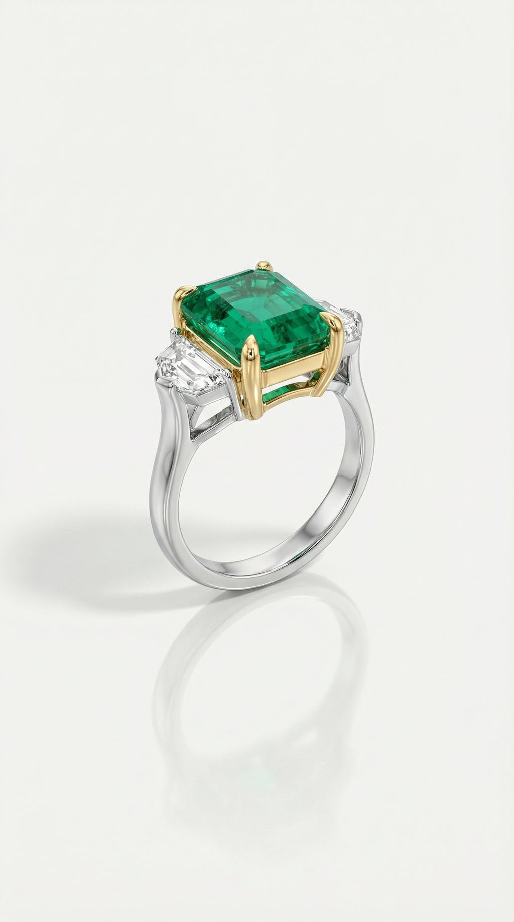 Trilogy Colombian Emerald & Trapezoid Cut Diamonds Ring — Levendi Jewellers