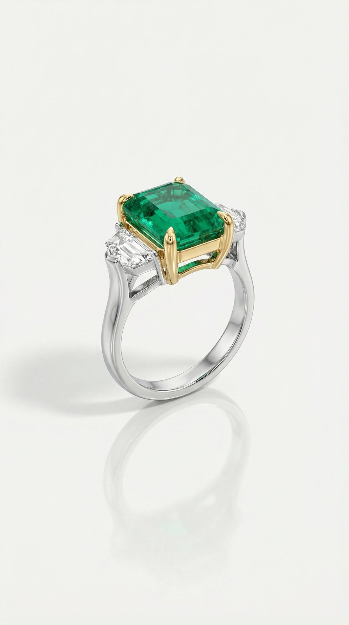 Trilogy Colombian Emerald & Trapezoid Cut Diamonds Ring — Levendi Jewellers