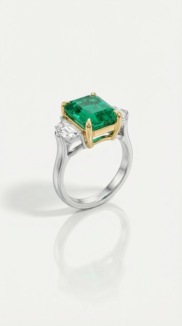 Trilogy Colombian Emerald & Trapezoid Cut Diamonds Ring — Levendi Jewellers