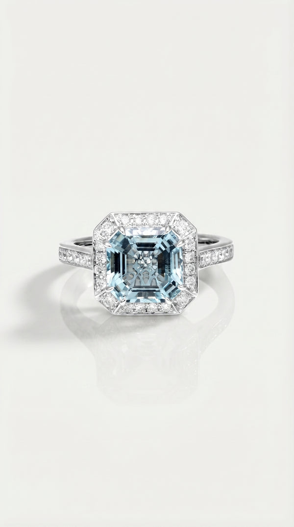 Square Set in Aquamarine & Diamond Ring — Levendi Jewellers