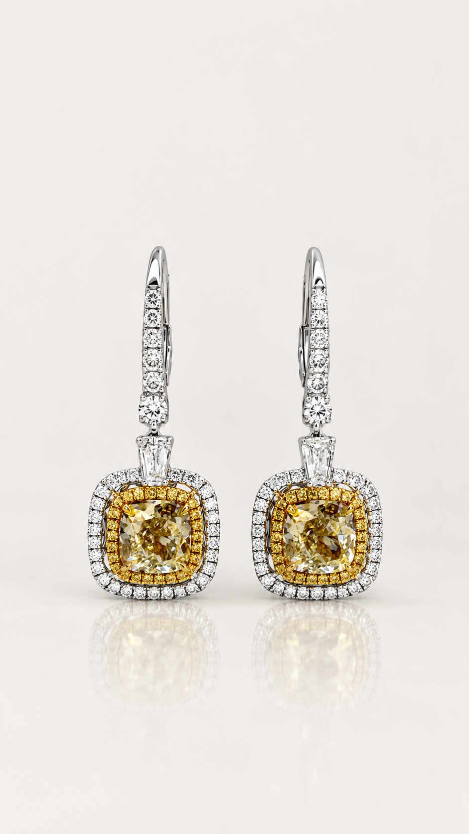 Fancy Yellow Diamond Double Halo Drop Earrings – front view, white gold