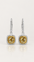 Fancy Yellow Diamond Double Halo Drop Earrings – front view, white gold