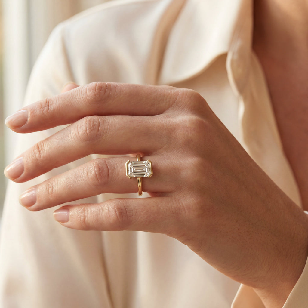 Levendi Wave of Love - Emerald Cut Open Bezel Engagement Ring, view 2 — Levendi Jewellers