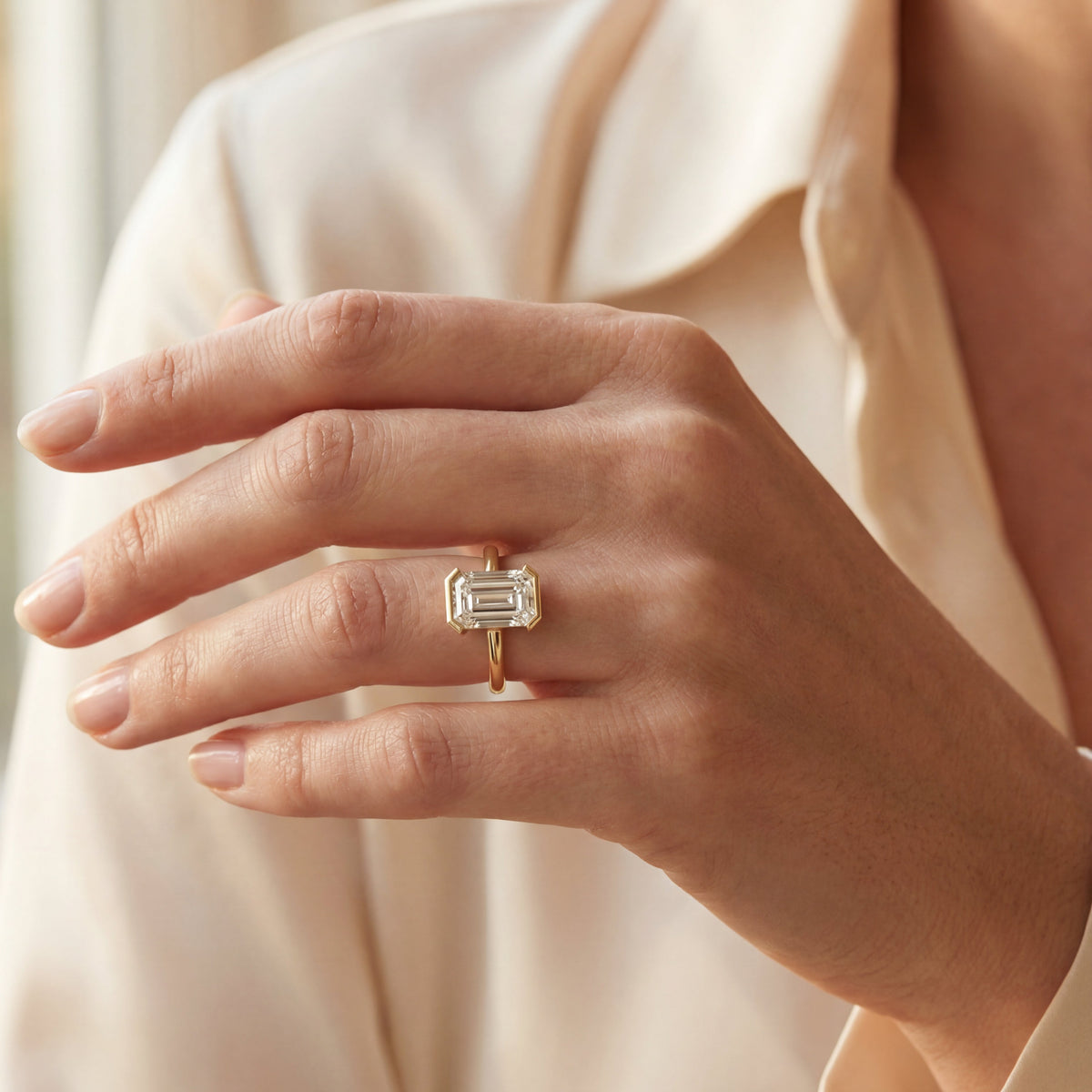 Levendi Wave of Love - Emerald Cut Open Bezel Engagement Ring, view 2 — Levendi Jewellers