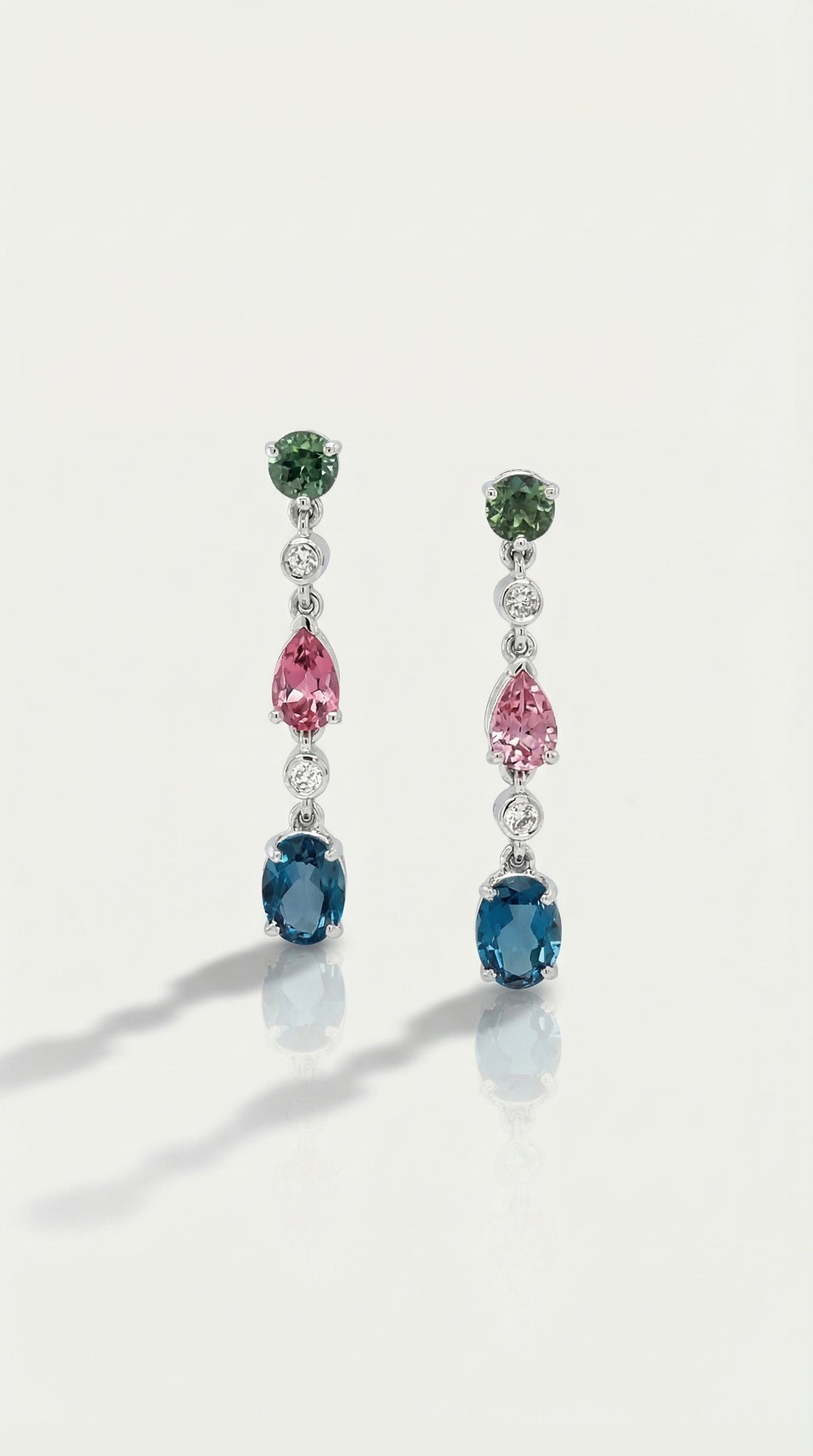 Parti Sapphire, Pink Tourmaline & London Blue Topaz Drop Earrings — Levendi Jewellers