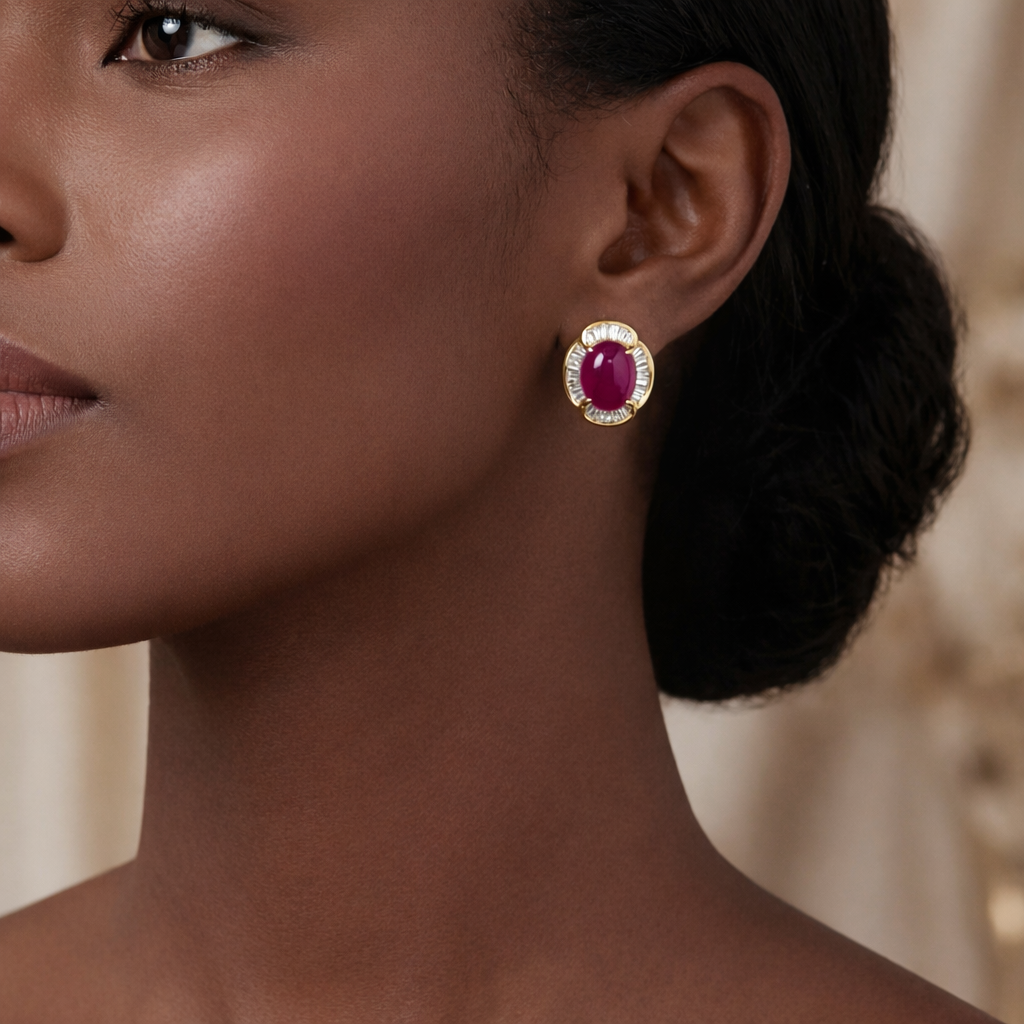 Sophia Levendi - Cabochon Rubies and Diamond Baguette Earrings — Levendi Jewellers