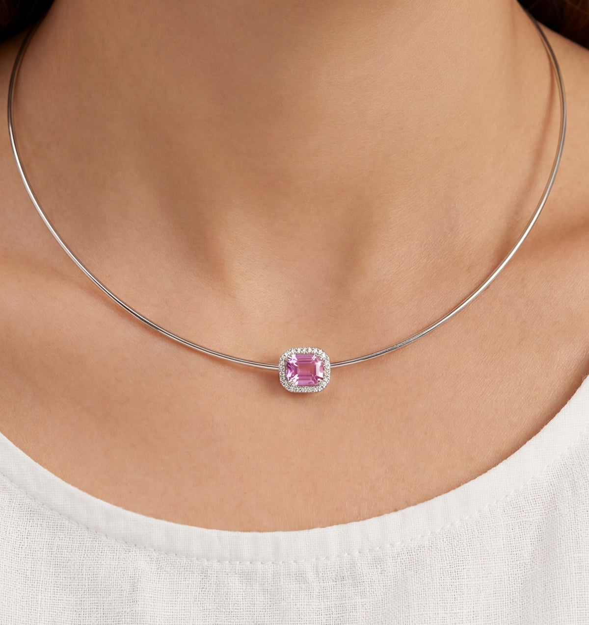 Omega Pink Sapphire Emerald Cut Halo — Levendi Jewellers