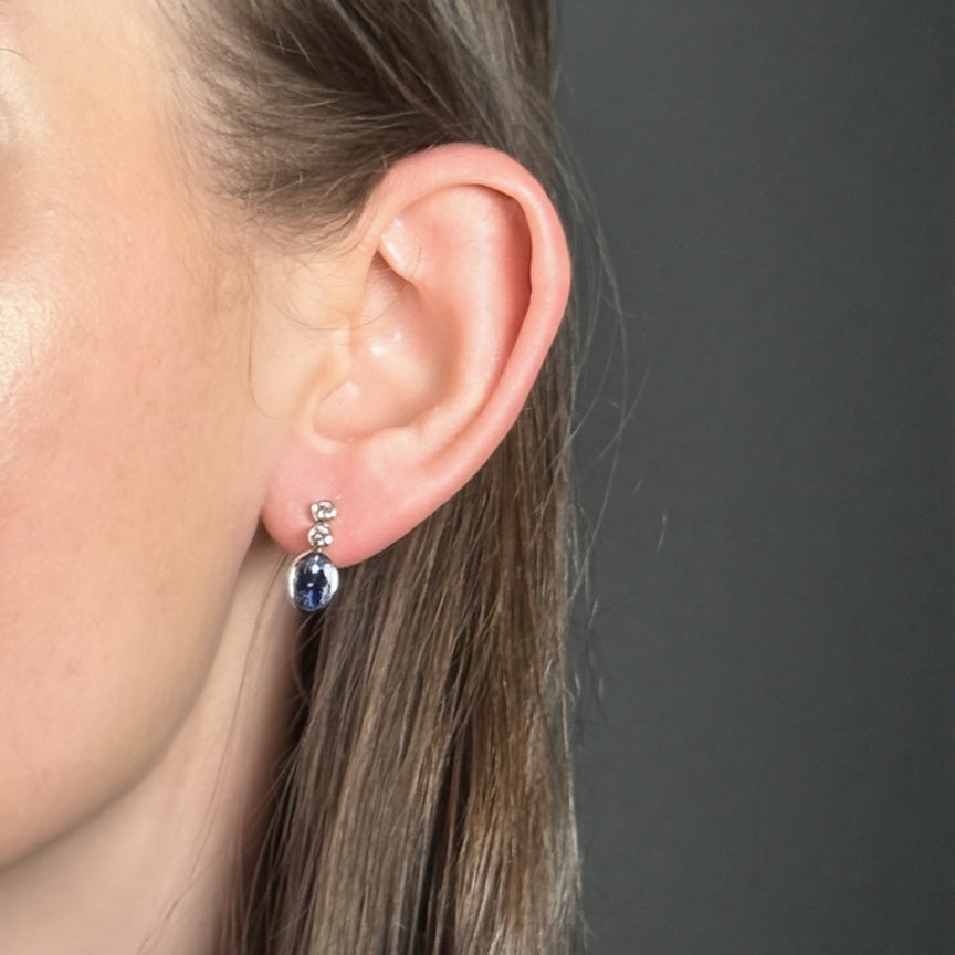 Bezel Set Tanzanite & Diamond Drop Earrings, view 2 — Levendi Jewellers