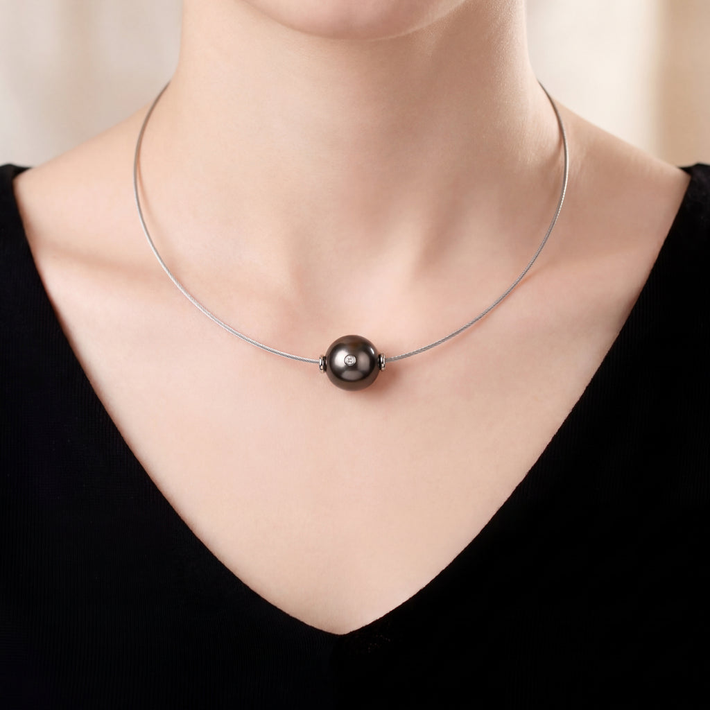 Tahitian Pearl - Round 12 mm Single Diamond Omega, view 2 — Levendi Jewellers
