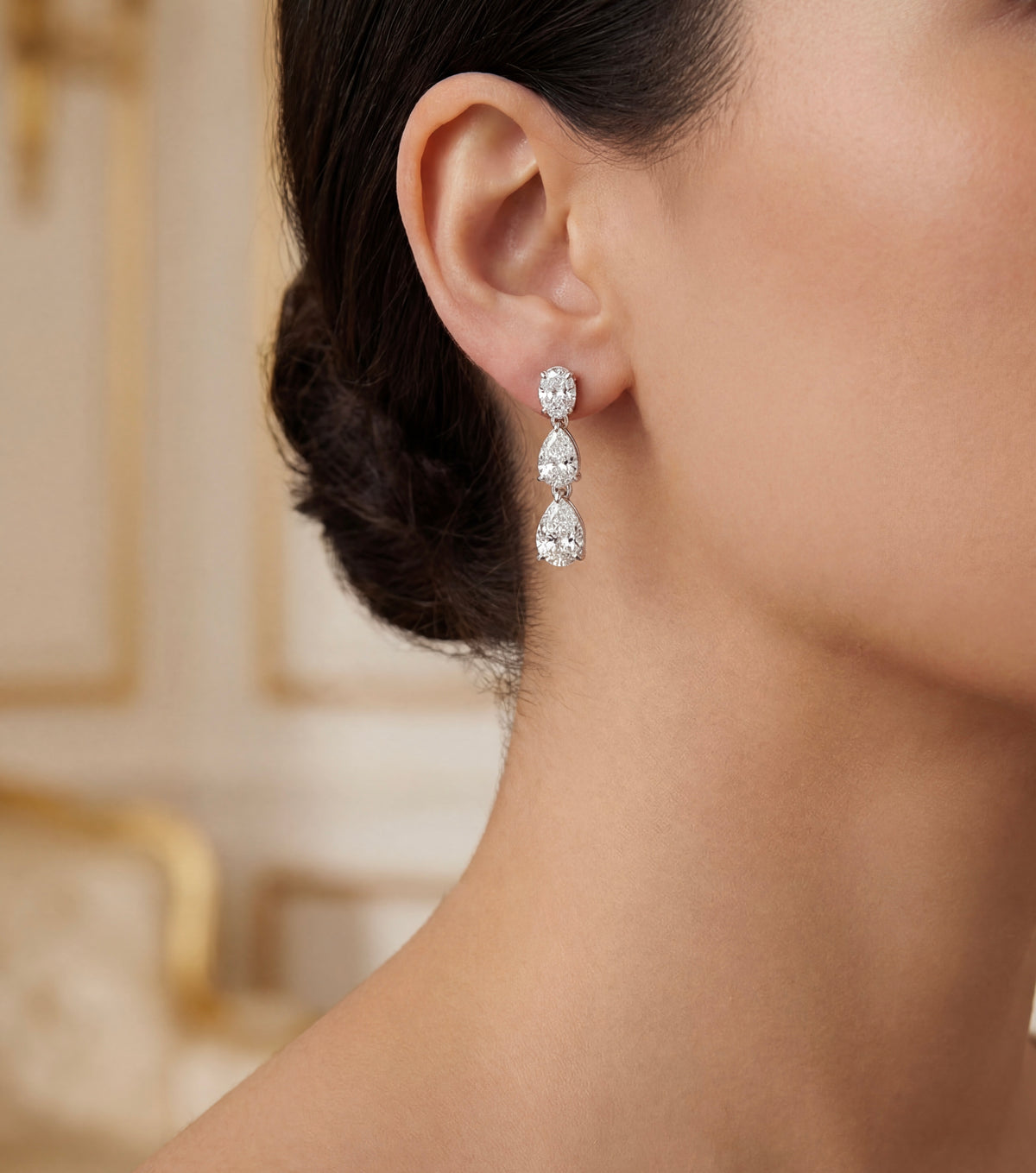 White Gold Pear and Oval Diamond Drop Earrings, view 2 — Levendi Jewellers