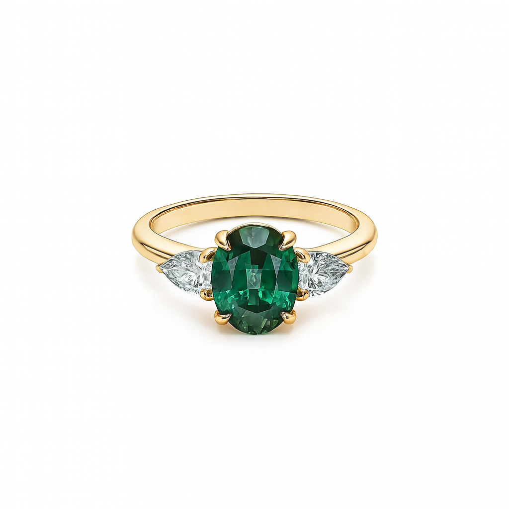 Trilogy Oval Parti Green Sapphire & Pear Cut Engagement Ring