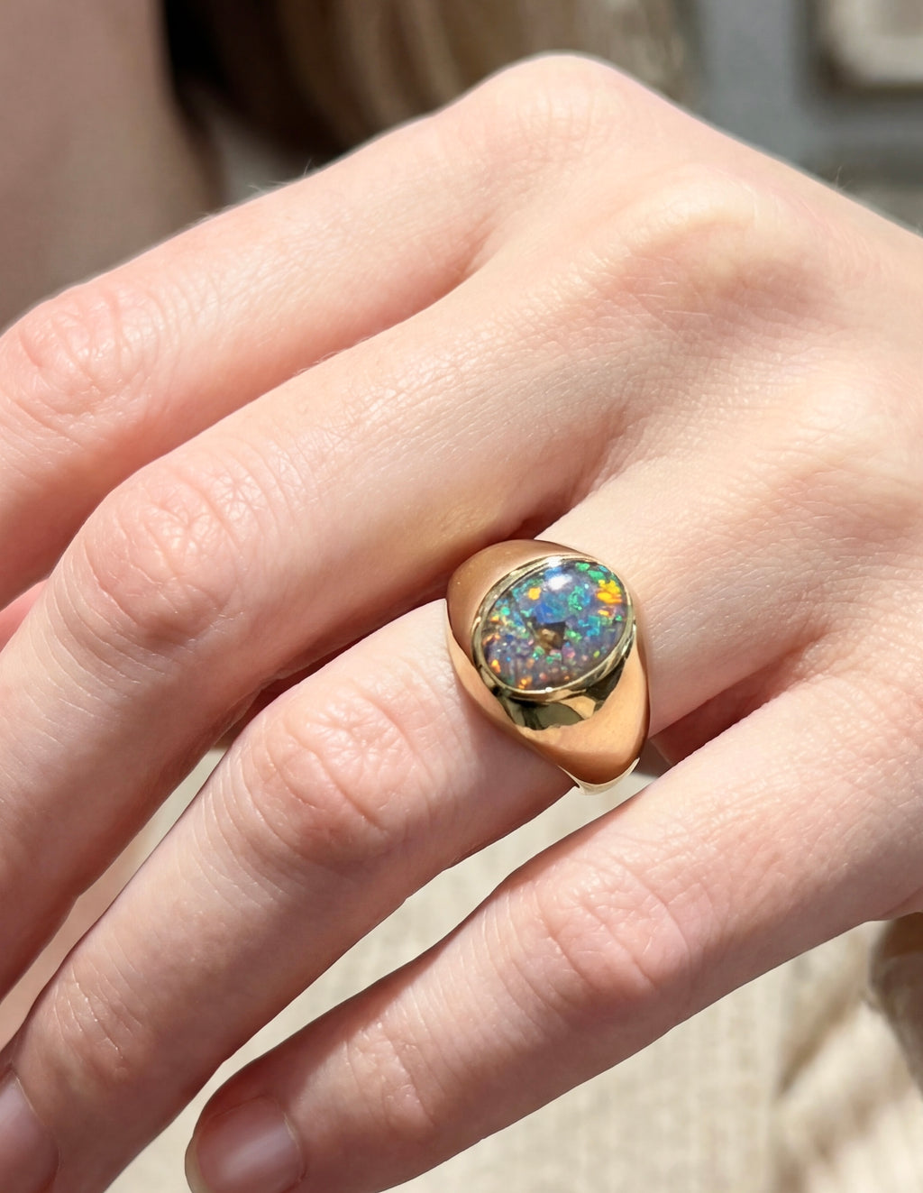 Australian Boulder Opal Signet Ring, view 2 — Levendi Jewellers