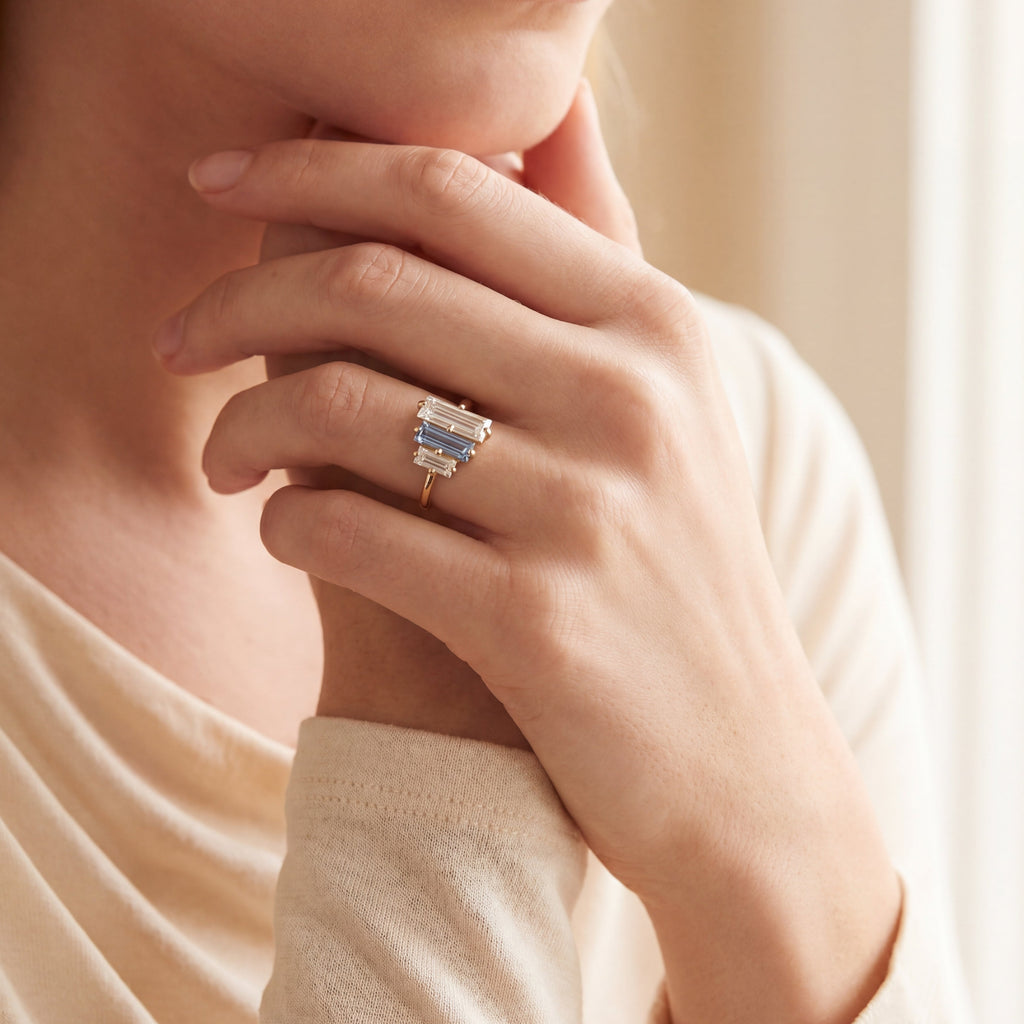 Levendi Wave of Love - Diamond & Sapphire Baguette Engagement Ring, view 2 — Levendi Jewellers