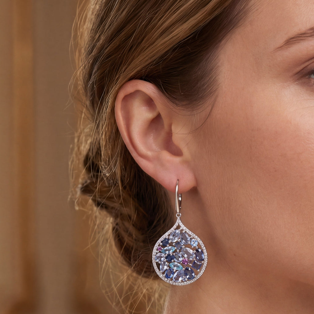 Mosaïque Éternelle Blue Sapphires and Blue Topaz Earrings, view 2 — Levendi Jewellers
