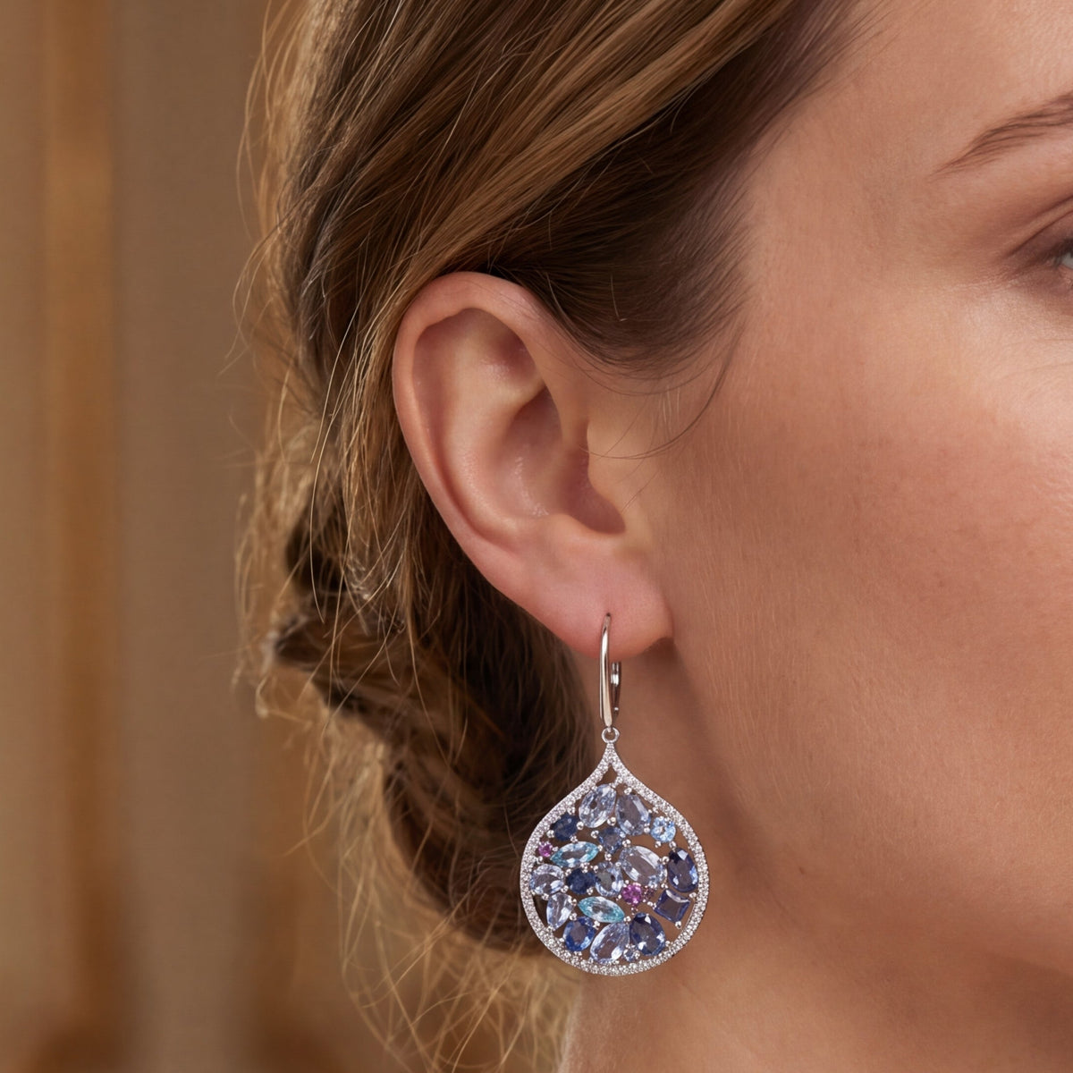 Mosaïque Éternelle Blue Sapphires and Blue Topaz Earrings, view 2 — Levendi Jewellers
