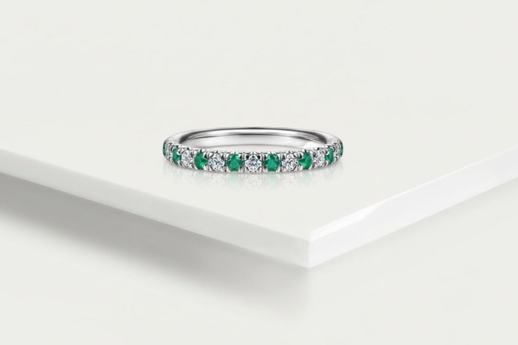 Wedding Band - White Gold Diamond and Emerald — Levendi Jewellers