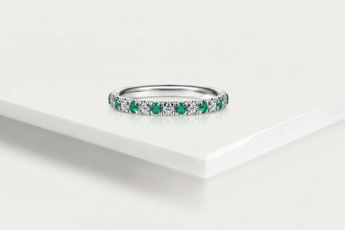 Wedding Band - White Gold Diamond and Emerald — Levendi Jewellers