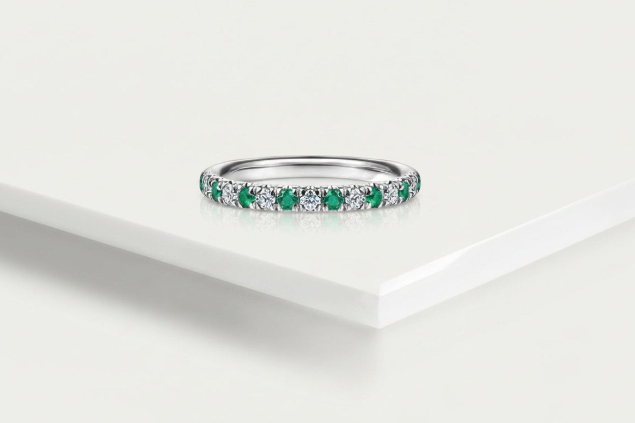 Wedding Band - White Gold Diamond and Emerald