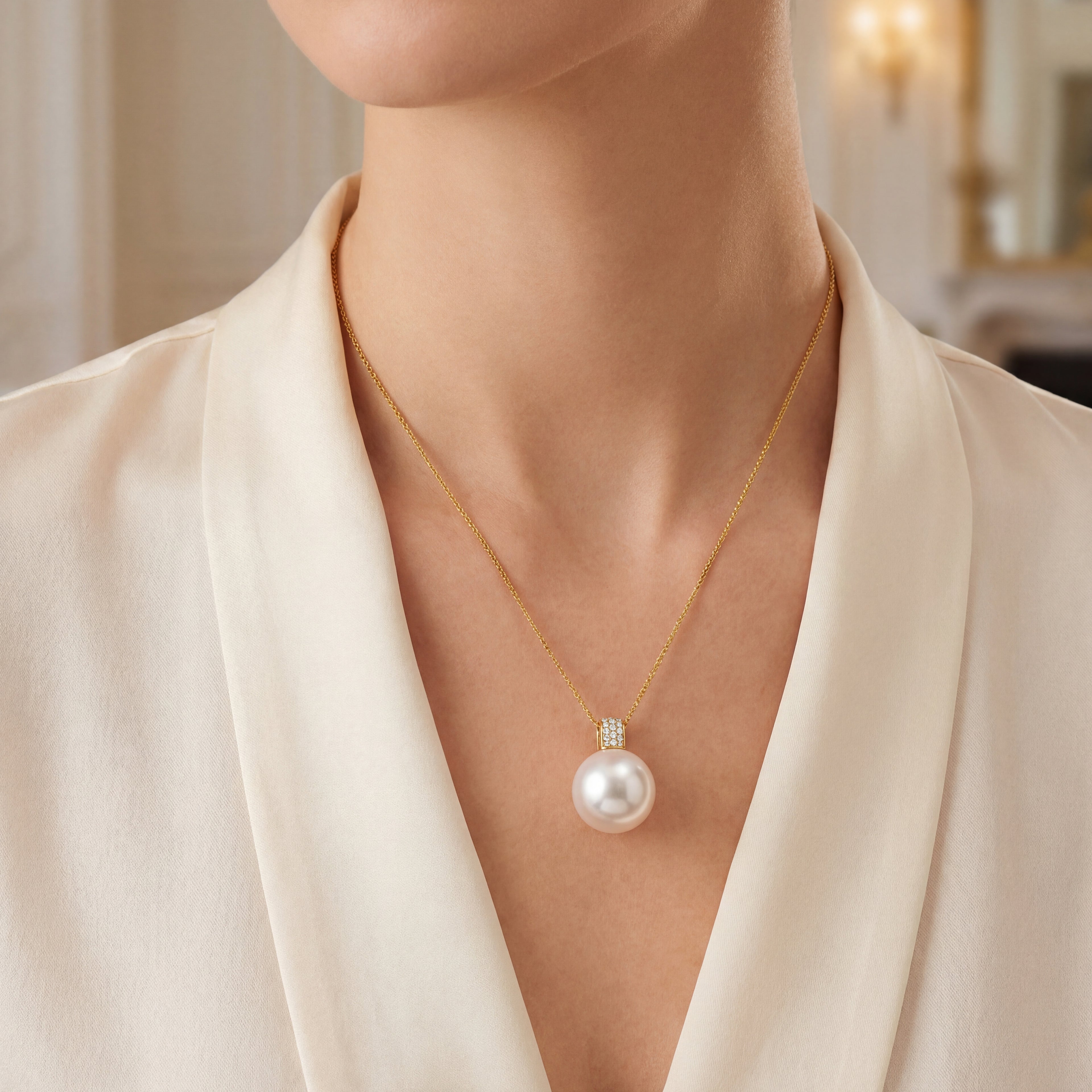 Australian South Sea Pearl - Round 15 mm Diamonds Bail Pendant