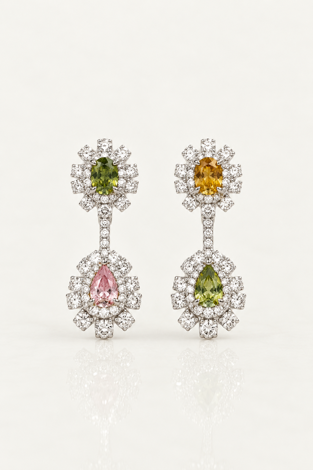 Multicolour Fancy Diamond Drop Earrings – front view, white gold