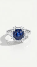 Cushion Cut Blue Sapphire Baguette Halo