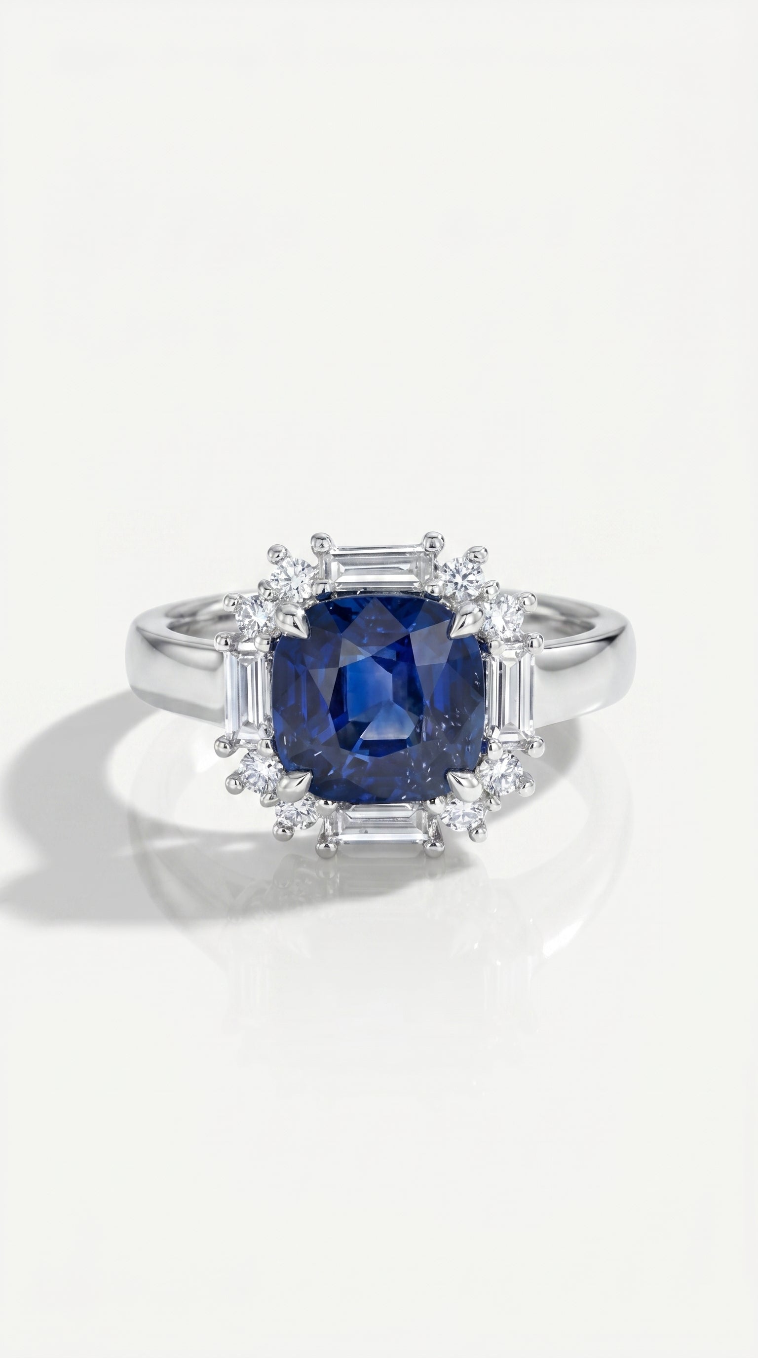 Cushion Cut Blue Sapphire Baguette Halo