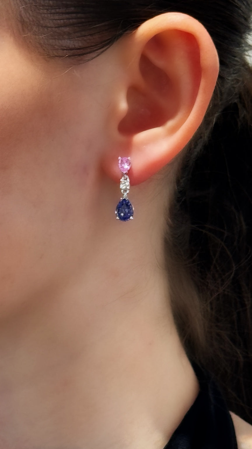 Pink Sapphire, Diamond & Tanzanite Drop Earrings